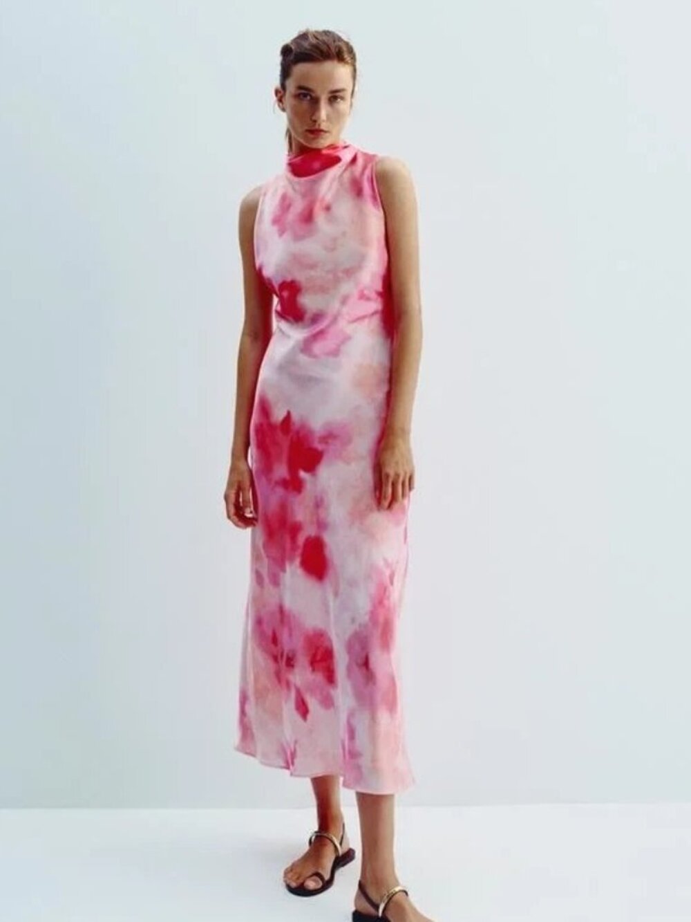 Zara Womens Dress Small Tie Dye Satin Pink High Neck Sleeveless 2978/357 NWT